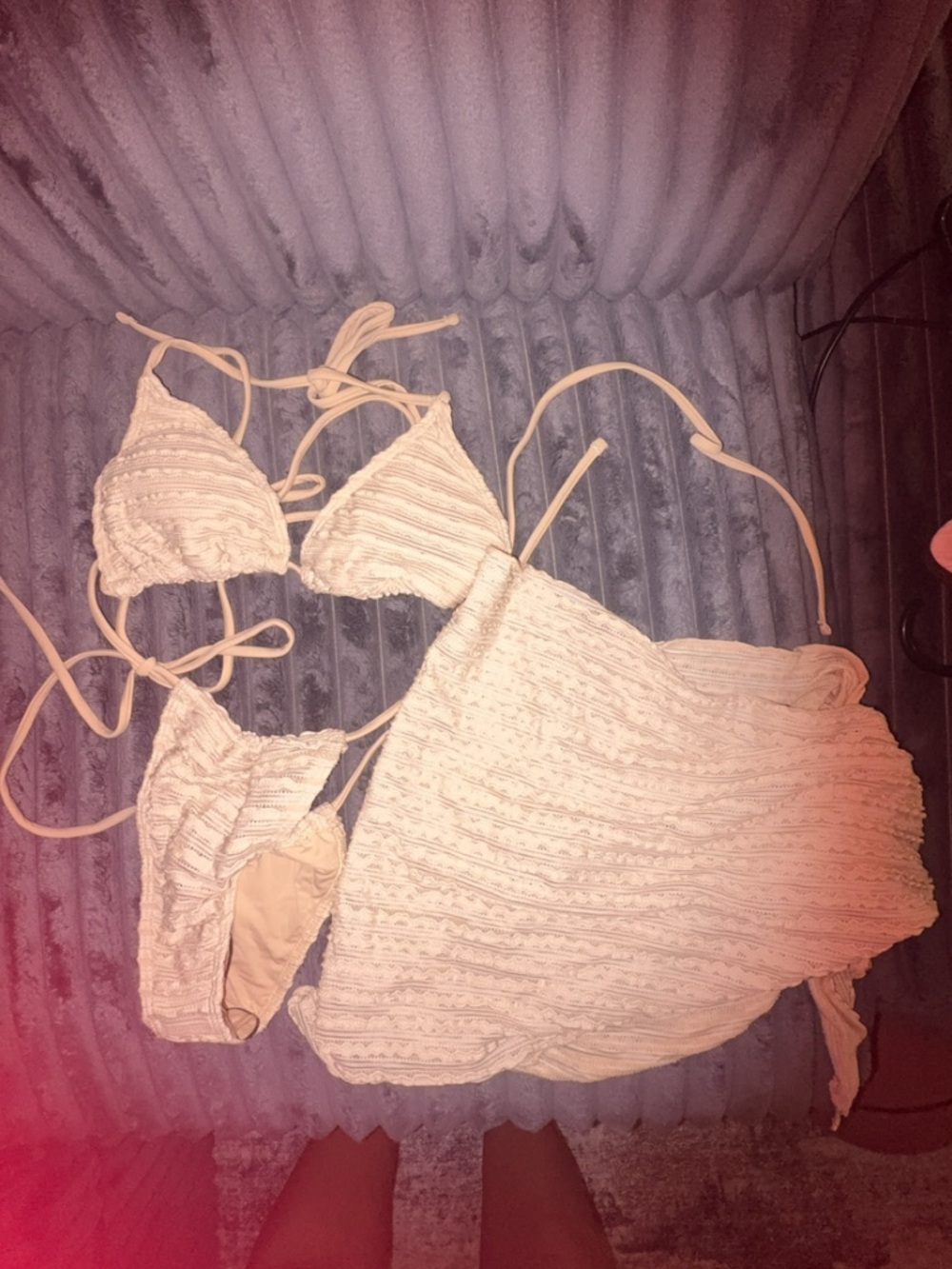 Cream Crochet Triangle Bikini Set with Matching Skirt